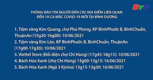 Thông báo tìm người đến các địa điểm liên quan đến 19 ca mắc COVID-19 mới tại Bình Dương