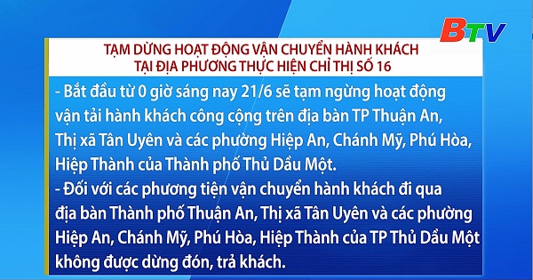 	Tạm dừng hoạt động vận chuyển hành khách tại các địa phương thực hiện Chỉ thị 16