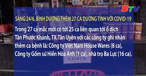 Sáng 24/6, Bình Dương thêm 27 ca dương tính với COVID-19