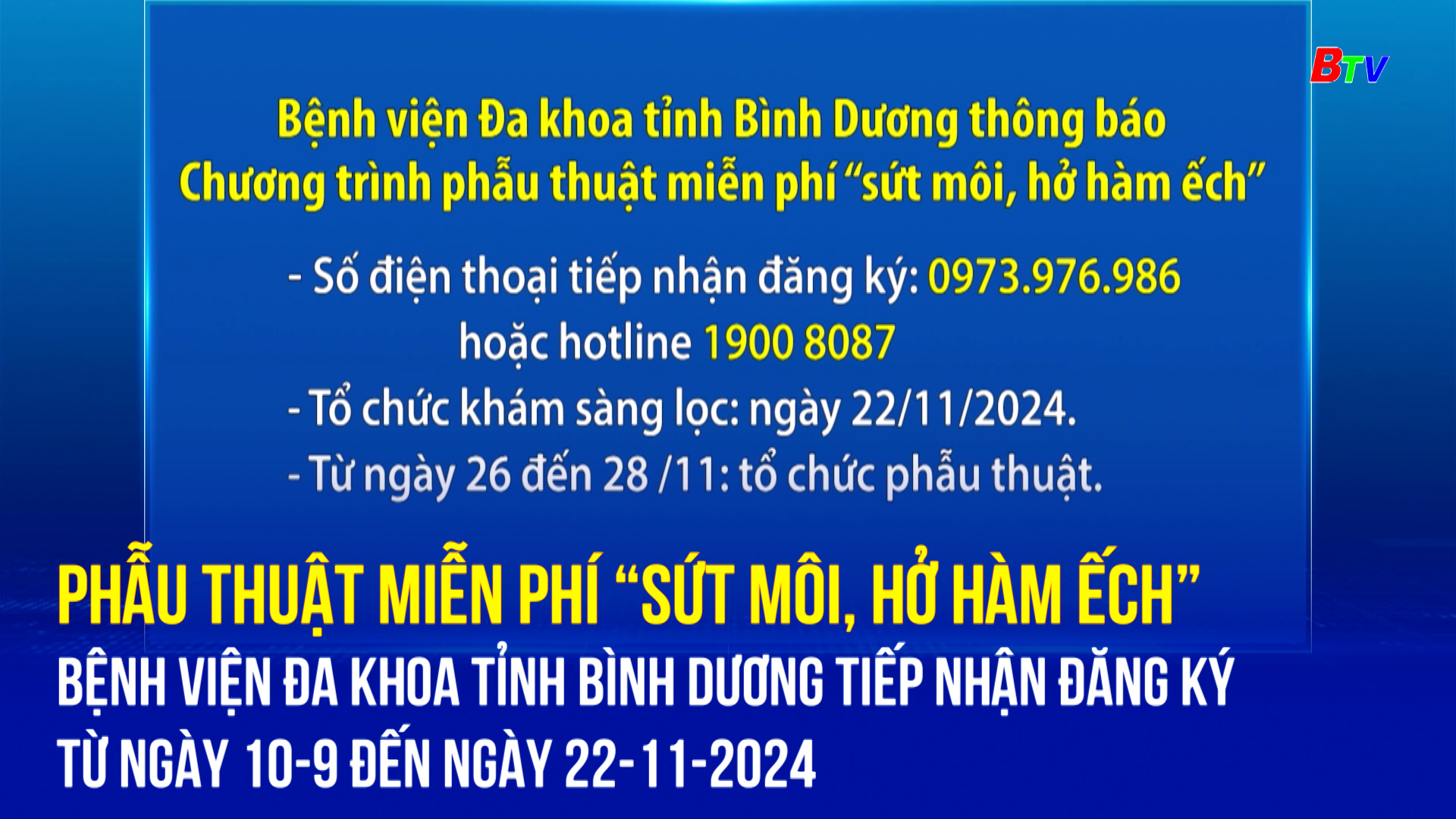 Phẫu thuật miễn phí “sứt môi, hở hàm ếch” - Bệnh viện Đa khoa tỉnh Bình Dương tiếp nhận đăng ký từ ngày 10-9 đến ngày 22-11-2024