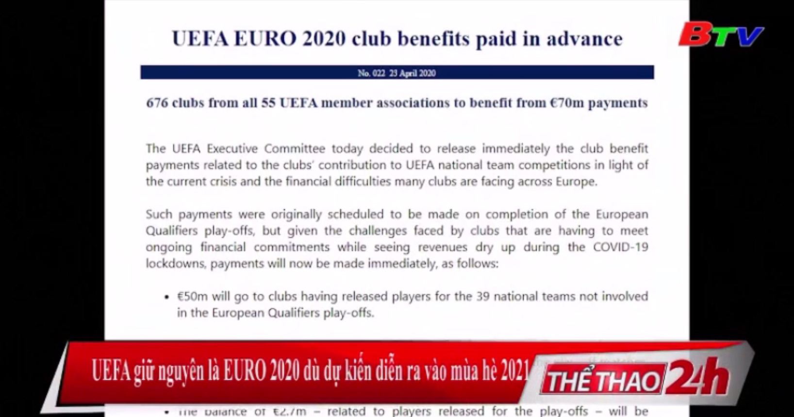 UEFA giữ nguyên là EURO 2020 dù dự kiến diễn ra vào mùa Hè 2021