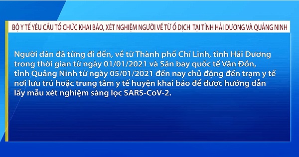 Bộ Y tế yêu cầu tổ chức khai báo, xét nghiệm người về từ ổ dịch tại tỉnh Hải Dương và Quảng Ninh