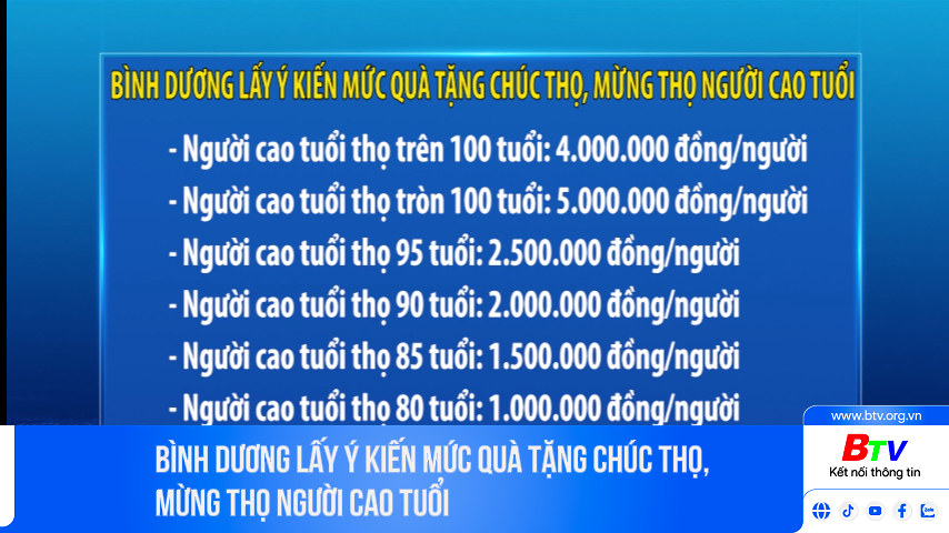 Bình Dương lấy ý kiến mức quà tặng  chúc thọ, mừng thọ người cao tuổi