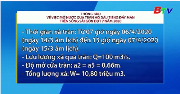 Về việc mở nước qua tràn hồ Dầu Tiếng đẩy mặn trên sông Sài Gòn đợt 7 năm 2020