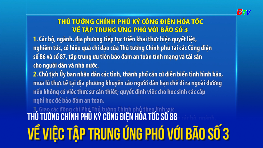 Thủ tướng chính phủ ký công điện hỏa tốc số 88 về việc tập trung ứng phó với bão số 3