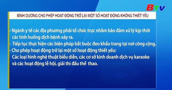 Bình Dương cho phép hoạt động trở lại một số hoạt động không thiết yếu