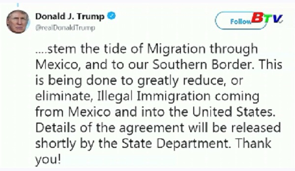 Mỹ-Mexico đạt thỏa thuận về vấn đề di cư
