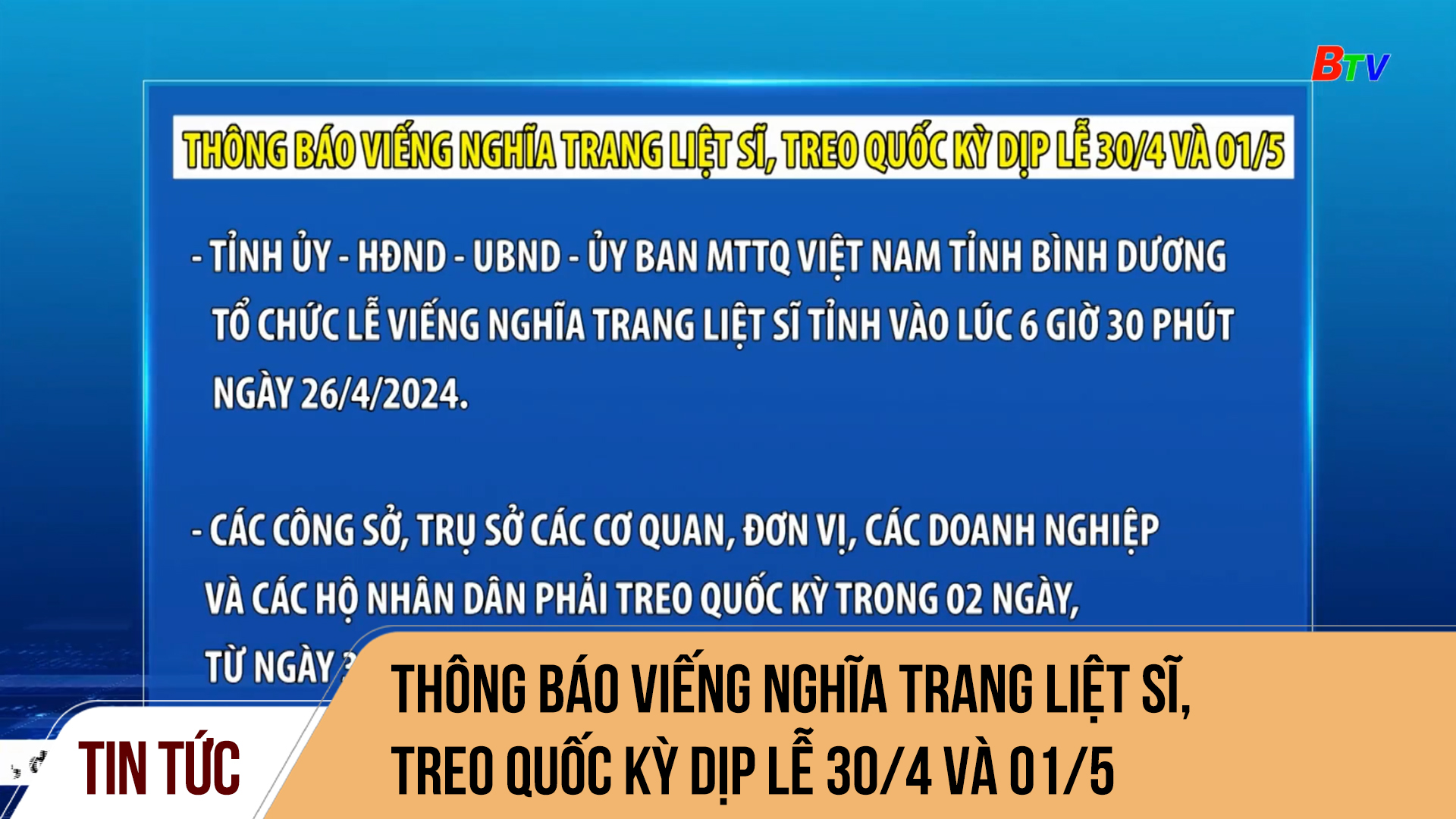 Thông báo viếng Nghĩa trang Liệt sĩ, treo Quốc kỳ dịp lễ 30/4 và 1/5