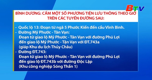 Bình Dương cấm một số phương tiện lưu thông theo giờ trên các tuyến đường